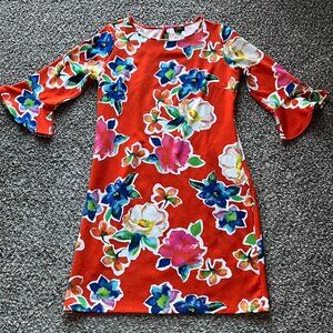 ILE New York Red Floral Midi Dress Womens 14 Bell Sleeves Tropical Whimsical